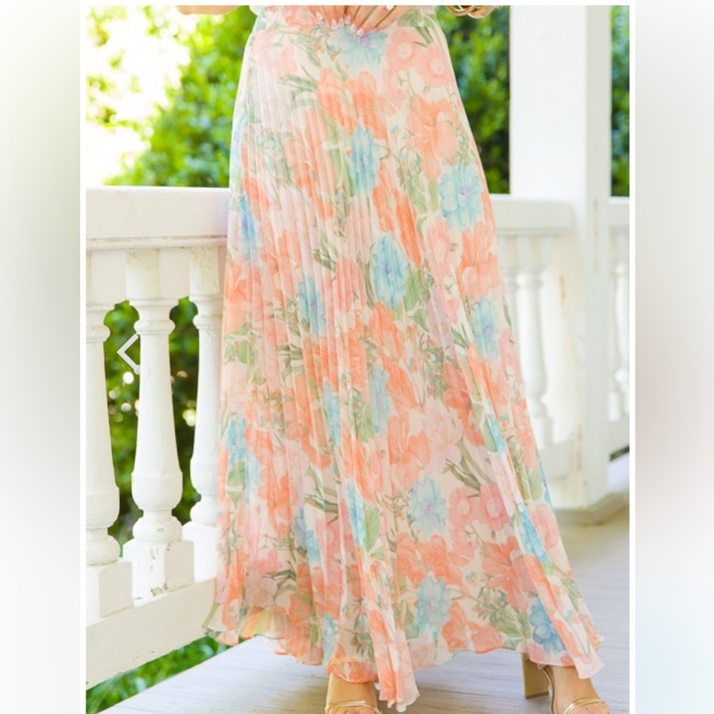 Floral Chiffon Maxi Skirt pleated, multi color blue and pink,free size